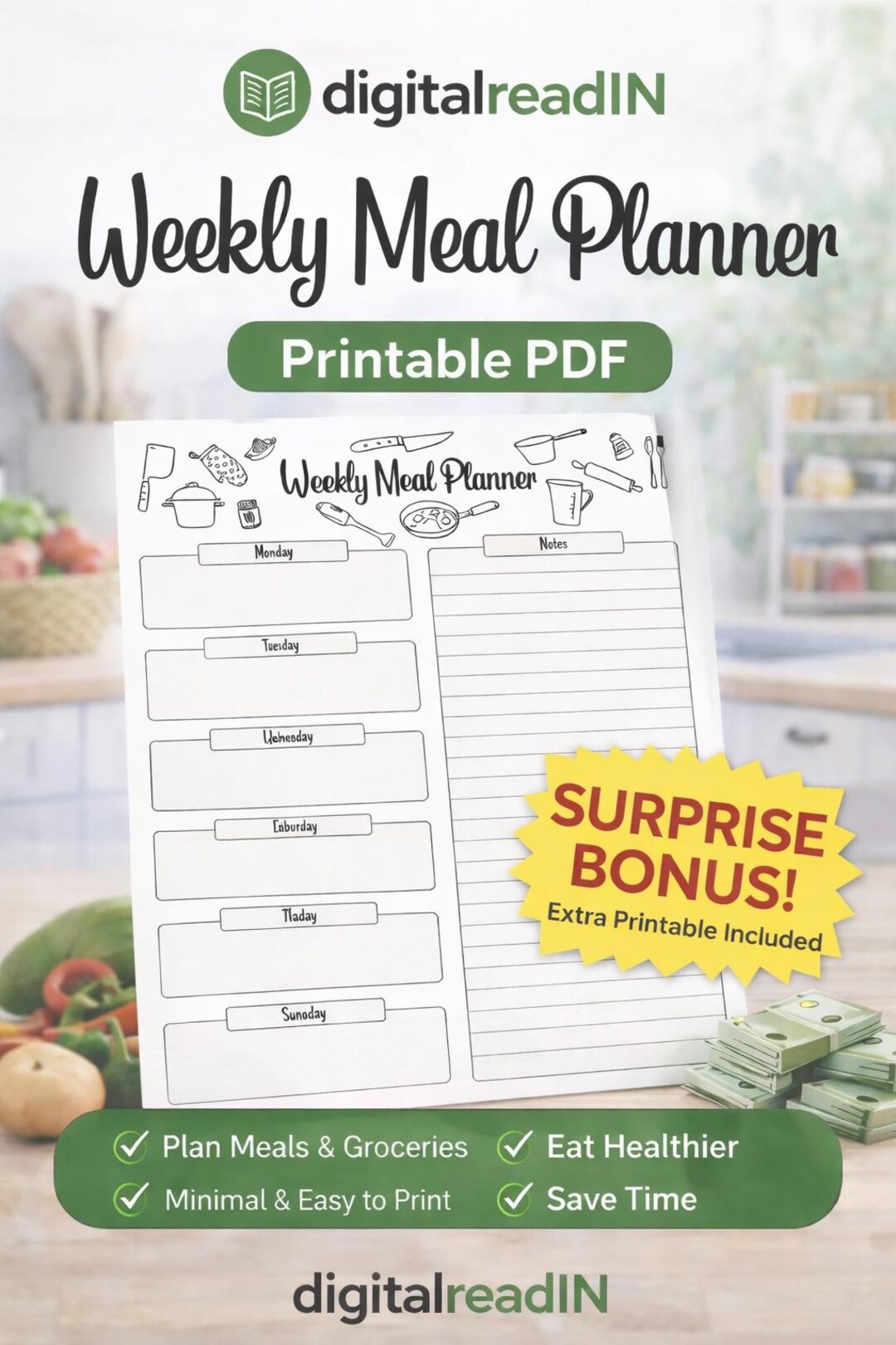 Weekly Meal Planner Printable | Minimalist Grocery List (digital ...