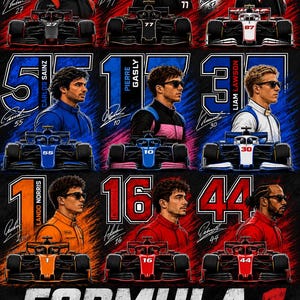 May include: A digital poster featuring nine Formula 1 drivers and their race cars arranged in a grid. Each section displays a driver's portrait, their racing number, name, and signature. The bottom text reads FORMULA 1 TEAMS DIGITAL DOWNLOAD.