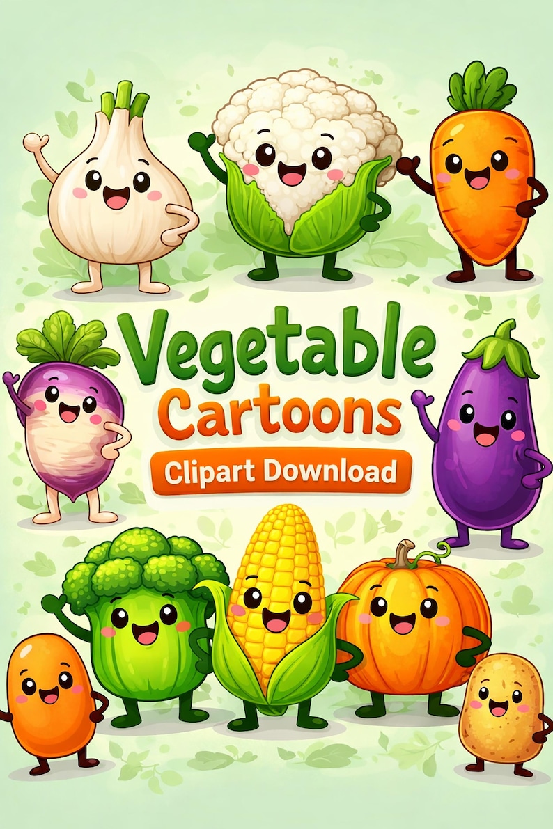 Funny Vegetables Cartoon Character Digital Downloads, Clipart ...