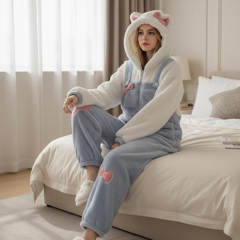 May include: A cozy, light blue and white fleece pajama set with a cat-ear hood and pink bow accents. The hooded jumpsuit features a zip-up front and overall-style straps. The pajama set includes matching pants and is designed for comfort and warmth.