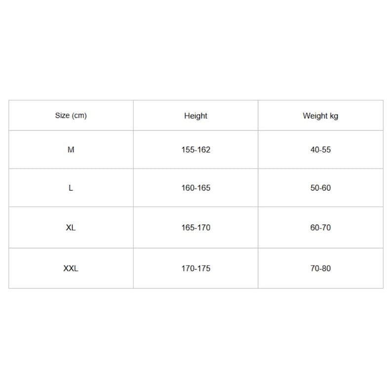 May include: A white chart with size, height in centimeters, and weight in kilograms. Sizes range from M to XXL, with corresponding height and weight ranges. The chart is on a white background.