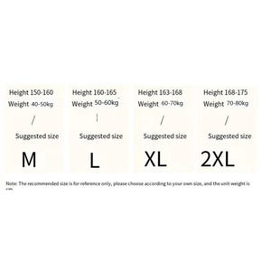 May include: A white chart with size recommendations based on height and weight. Sizes range from M to 2XL, with corresponding height and weight ranges in centimetres and kilograms. The text at the bottom states the size is for reference only.