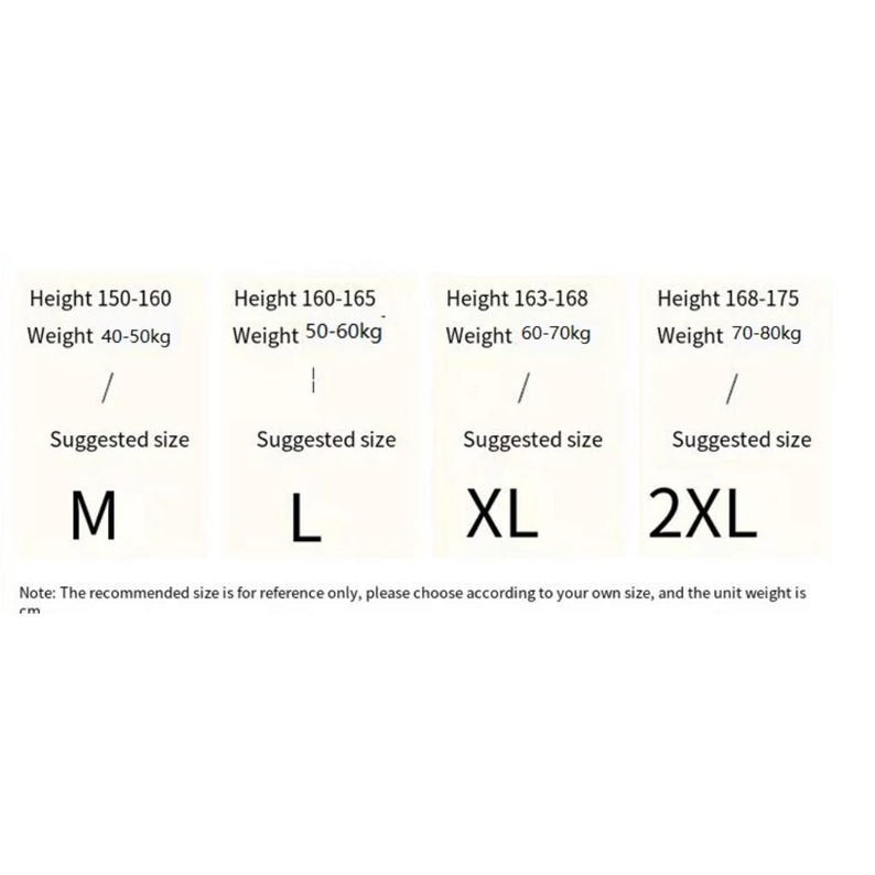 May include: A white chart with size recommendations based on height and weight. Sizes range from M to 2XL, with corresponding height and weight ranges in centimetres and kilograms. The text at the bottom states the size is for reference only.