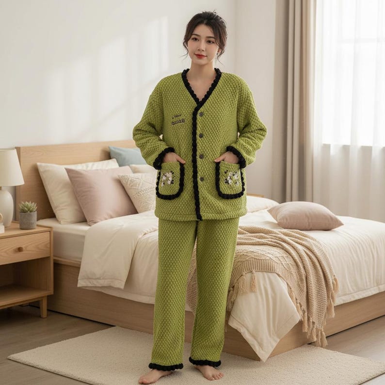May include: A green quilted pajama set. The jacket has a V-neck, black trim, and pockets with floral embroidery. The pajama set includes a button-down jacket and matching trousers. The text "dream" is embroidered on the jacket.