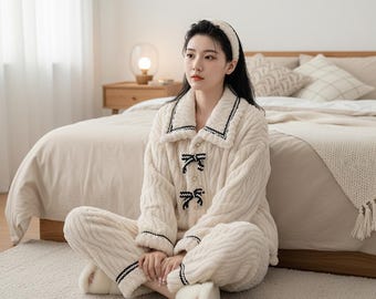 Women’s Winter Pajama Set, 2-Piece Thick Warm Homewear, Padded Princess-Style Sleepwear