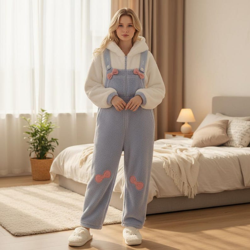 May include: A cozy, light blue jumpsuit with a white hooded top. The jumpsuit features pink bow accents on the bib and knees. The outfit is made of a soft, plush material, perfect for lounging. The model is wearing white slippers.