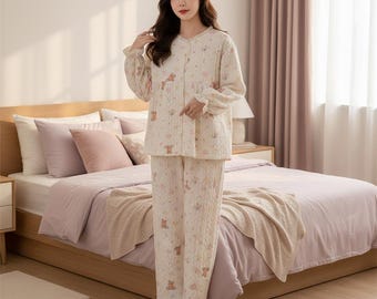 Postpartum Maternity Nightgown – Thick Cotton Sleepwear for Breastfeeding, Autumn/Winter Pregnancy Pajamas