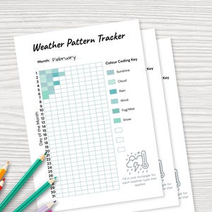 May include: A stack of white paper sheets with a weather pattern tracker design. The title "Weather Pattern Tracker" is at the top, with a grid for tracking weather patterns. Coloured pencils in various colours are in the lower left corner.