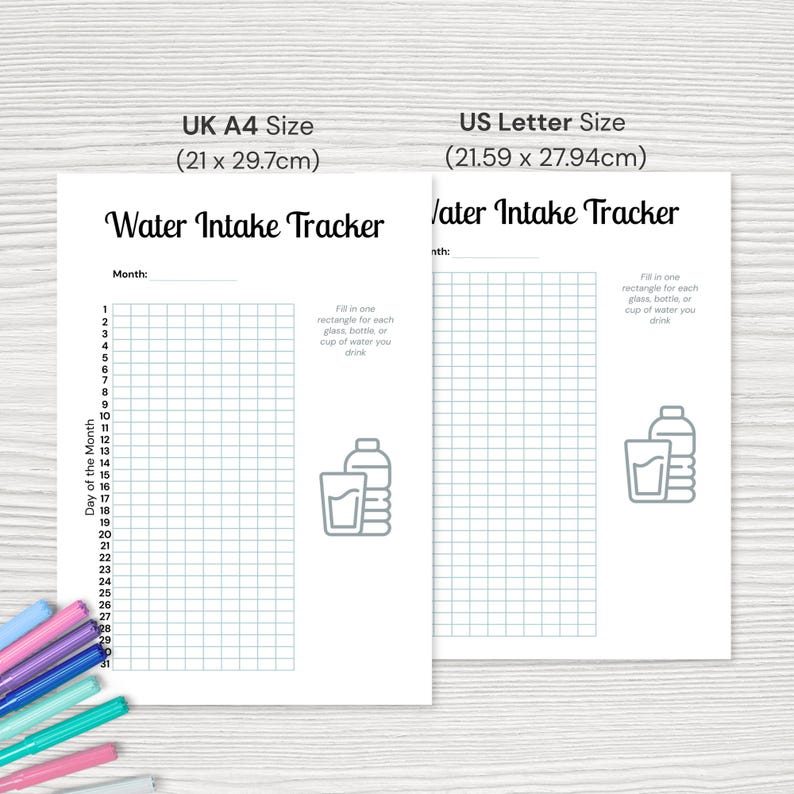 Water Intake Tracker | Monthly Printable PDF | A4 US Letter A5 ...