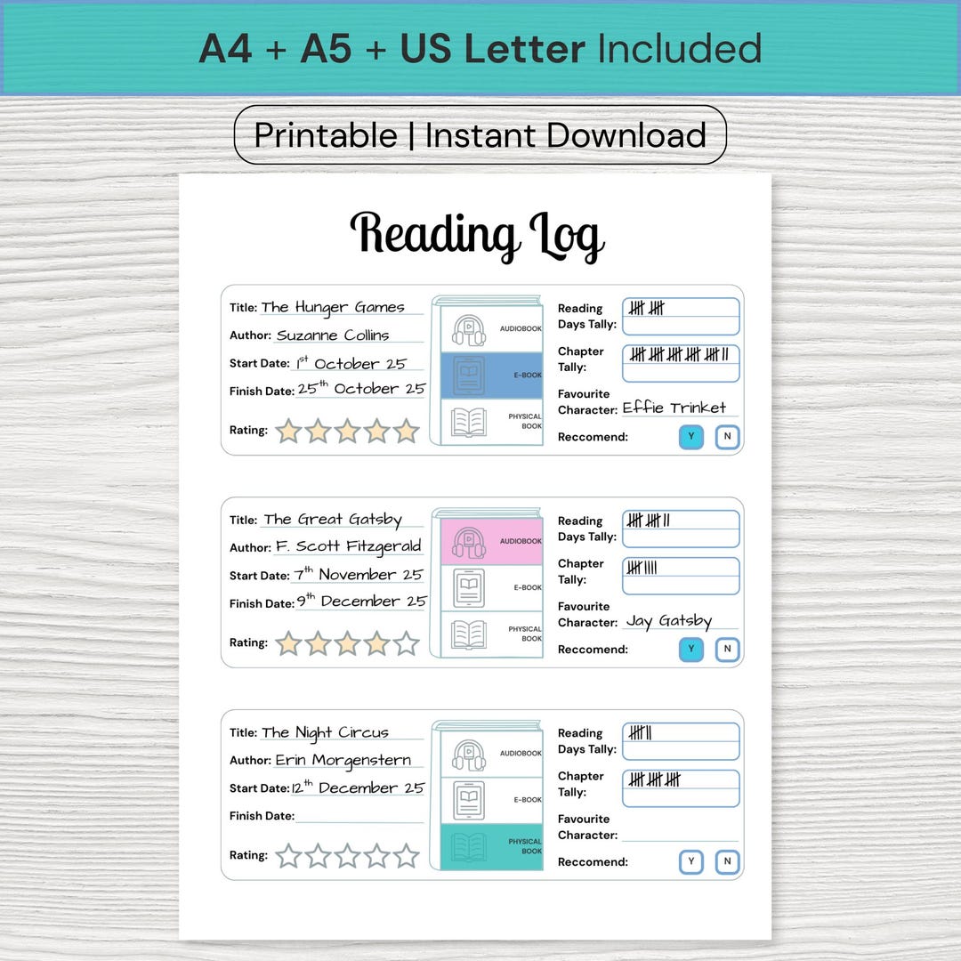 Reading Log | Printable PDF | A4 US Letter A5 | Reading List | Book ...