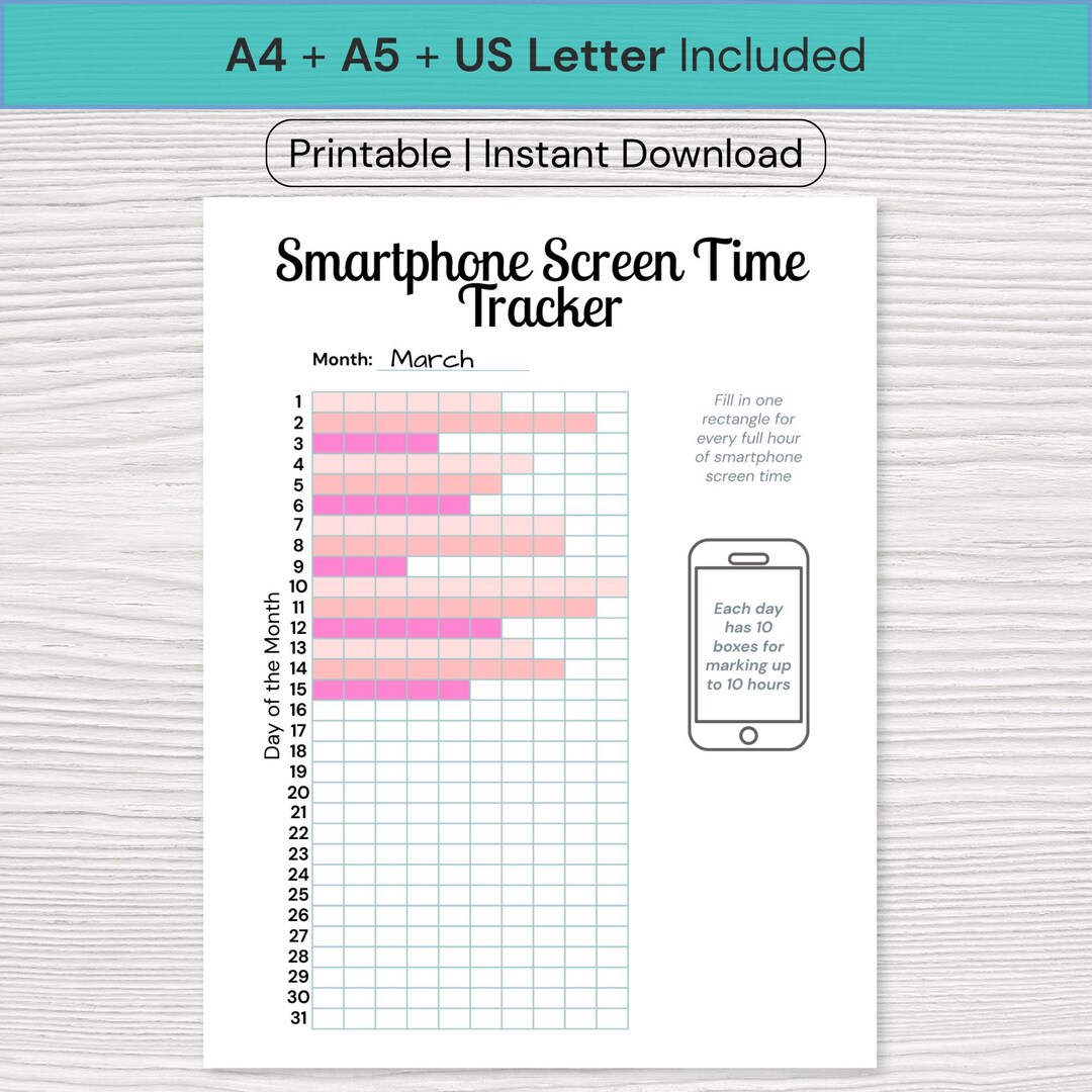 Smartphone Screen Time Tracker | MONTHLY Printable | A4 US Letter A5 ...