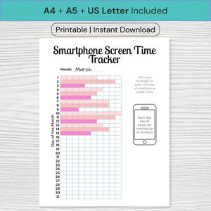 Smartphone Screen Time Tracker | MONTHLY Printable | A4 US Letter A5 | Phone Usage Log | Daily Screen Log | Time Management | Dopamine Detox