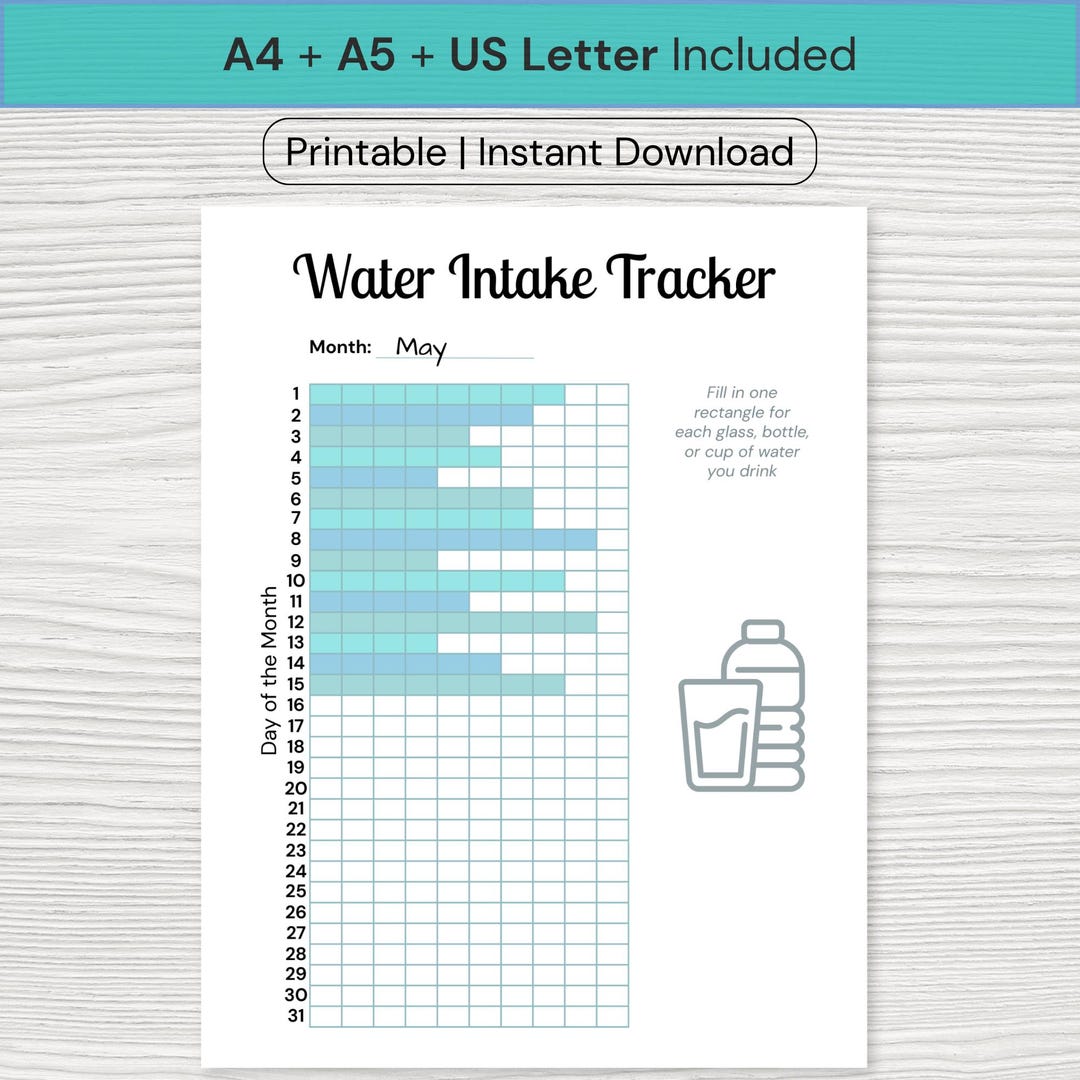 Water Intake Tracker | Monthly Printable PDF | A4 US Letter A5 ...