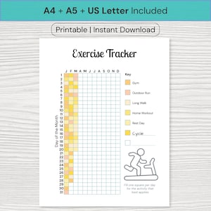 Exercise Tracker YEARLY | Printable Diary Page | A4 US Letter A5 | Workout Log | Health and Fitness | Year at a Glance Chart | Daily gym Log