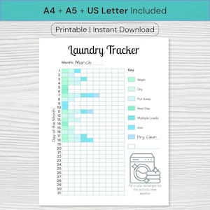 Laundry Tracker MONTHLY | Printable Journal Page | A4 US Letter A5 | Laundry Schedule | Cleaning Checklist | Home Management | Chore Chart