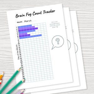 May include: A stack of white paper with a "Brain Fog Count Tracker" chart. The chart is filled in with purple and blue blocks for the month of March. Colored pencils in green, purple, orange, and pink are in the lower left corner.