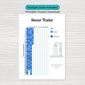 Yearly Shower Tracker Printable | Self Care Habit Planner | Hygiene Routine Log | A4 US Letter A5 | Year at a Glance Shade In Wellbeing PDF