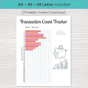 Transaction Count Tracker | MONTHLY Printable PDF | A4 US Letter A5 | Spending Log | Money Management | Purchase Tracker | Daily Spending
