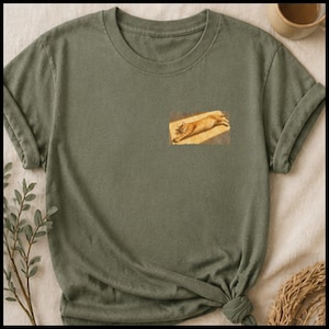 May include: Olive green t-shirt featuring a small graphic of a stretching orange tabby cat on a wooden surface. The shirt has a crew neck and rolled-up sleeves. The fabric is slightly textured.