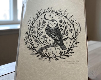 Linocut Style Folk Art ‘Moon Owl’ Print, Pagan Cottagecore Decor