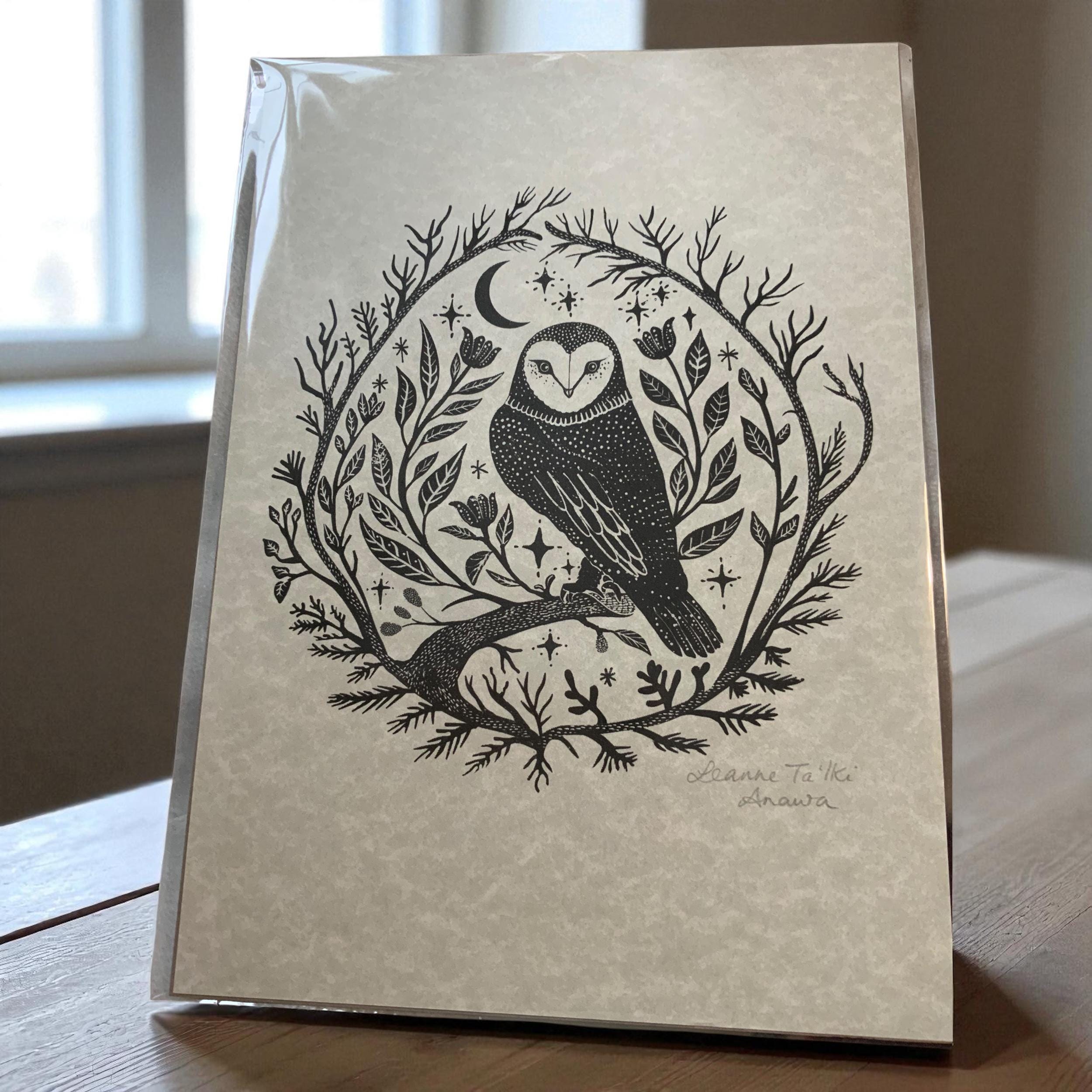 Linocut Style Folk Art ‘Moon Owl’ Print, Pagan Cottagecore Decor