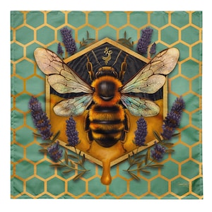 May include: A bee with iridescent wings is centered in a hexagonal honeycomb frame with a golden drip. The frame is surrounded by lavender sprigs on a green honeycomb background.