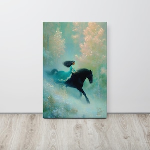 May include: Canvas art print depicting a woman riding a black horse through a misty forest. The woman wears a flowing teal dress, her dark hair streaming behind her. The background features soft, pastel colors of green, white, and pink.