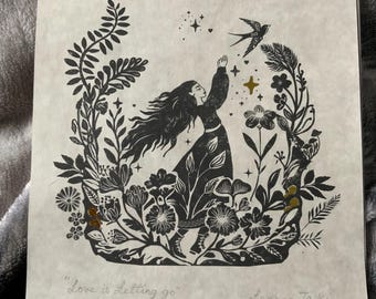 Linocut Style Nature Child ‘Letting Go’ Print, Folk Art Pagan Cottagecore Decor
