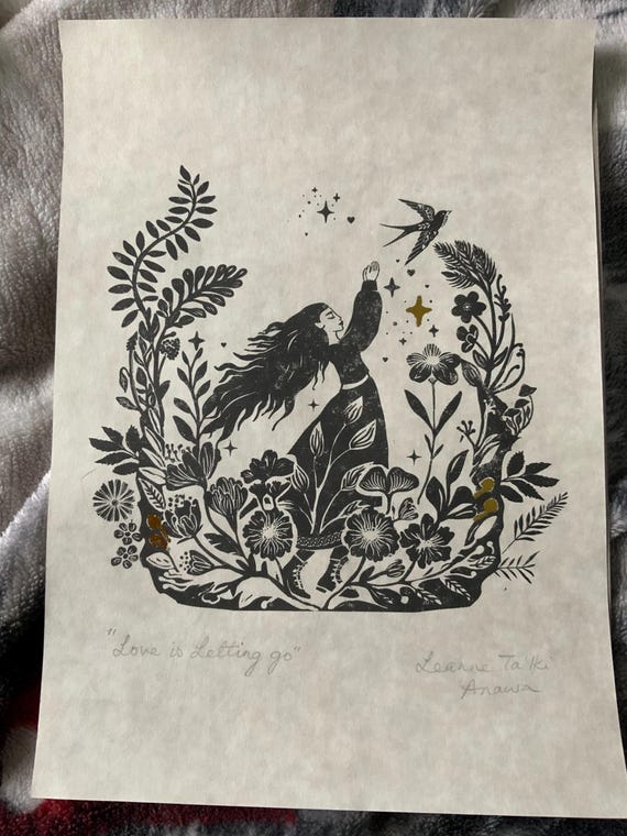 Linocut Style Nature Child ‘Letting Go’ Print, Folk Art Pagan Cottagecore Decor