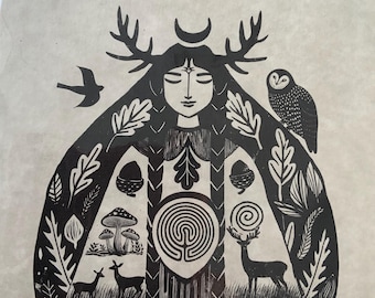 Folk Art ‘Elen of the Ways’ Linocut Style Print, Cottagecore, A4 Parchment Paper