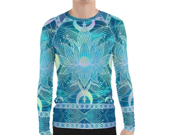 Teal Celestial Lotus Men's Rash Guard Top, Long Sleeve Shirt, Base-Layer.