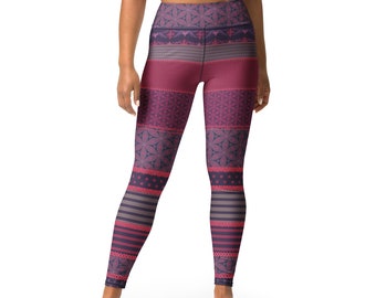 Patchwork Effect Design leggings, purple and red colours.