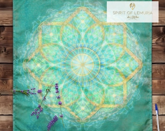 Sacred  Altar Cloth, ‘Lemurian Song’ Tarot Cloth, Seafoam Green Mandala Altar Cloth/ Crystal Grid