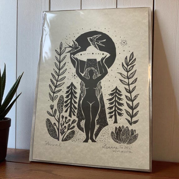 Folk Art Goddess UFO Print, Linocut Illustration on Parchment