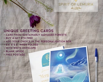 Healing Lemurian Art Greeting Card, Birthdays, 5.5” Square, Visionary Art, Shamanic, Seafoam Green, Mandala, Dolphin, Whales, Mermaidcore