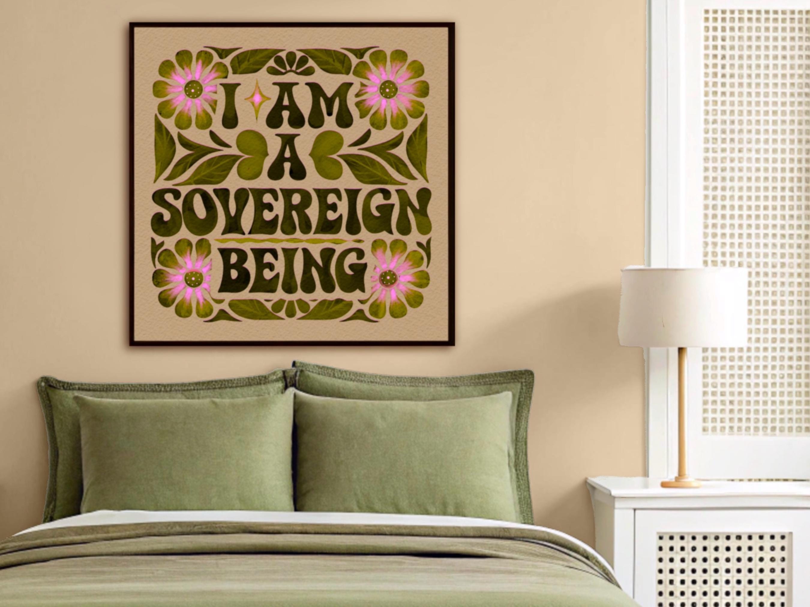 Sovereignty Word Art Psychedelische Retro 70er Jahre Retro Style Quadratisch Grün und Pink Matt Print Wandkunst