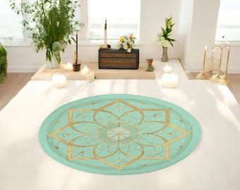 Lemurian Grid Altar Mat: Seafoam Green & Gold Spiritual Decor, Sacred Geometry Homeware