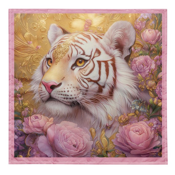 White Siberian Tiger Altar Cloth: Pink & Gold Tarot Wrap