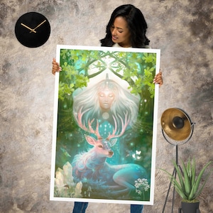 Lady of the White Spring Matte Museum Quality Print, Avalon, Goddess, Deer, Oak Tree Portal