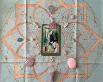 Sacred Altar Cloth, Lemurian Grid Tarot Cloth, Sea-foam Green and Gold Altar Cloth/ Crystal Grid