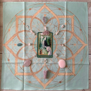 Sacred Altar Cloth, Lemurian Grid Tarot Cloth, Sea-foam Green and Gold Altar Cloth/ Crystal Grid