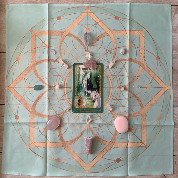 Sacred Altar Cloth, Lemurian Grid Tarot Cloth, Sea-foam Green and Gold Altar Cloth/ Crystal Grid