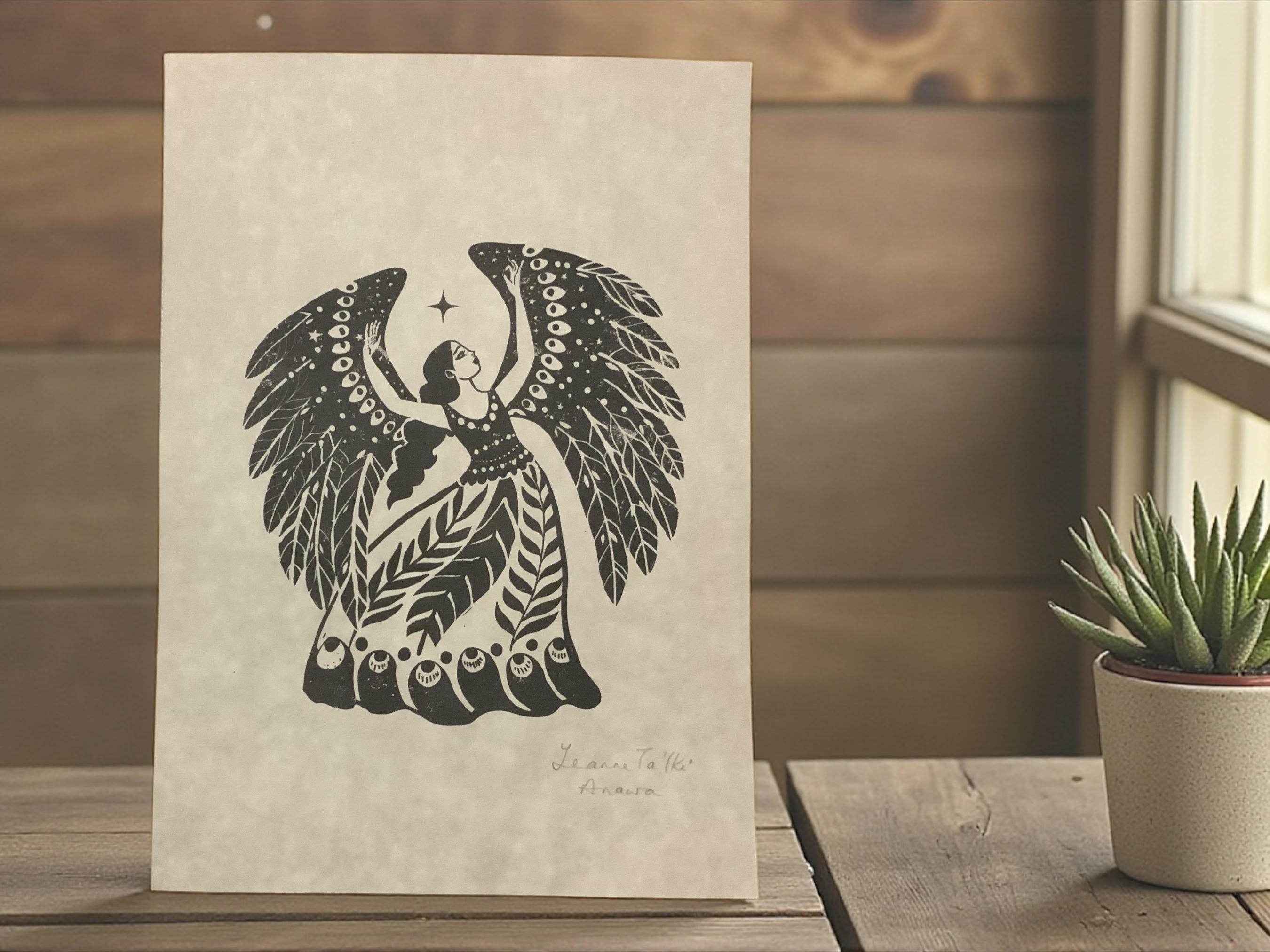 Linocut Style Folk Art Angel Print, Cottagecore Decor - Etsy UK