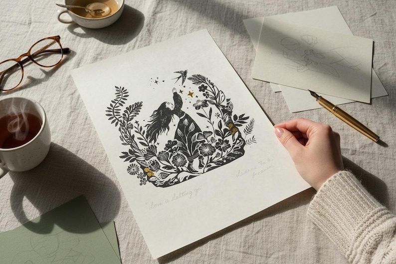 May include: Black and white art print featuring a woman reaching for a bird, surrounded by floral elements. The print includes the text "Love is a letting go." and is held near a cup of tea and glasses.
