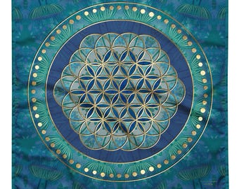 Flower of Life Altar Cloth: Teal, Green & Gold Crystal Grid