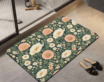 William Morris Style Bath Mat, Poppies and Daisies Design, in Peach and Green Palette, Matching Items Available