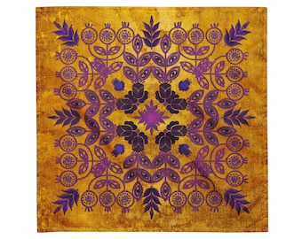Sacred Altar Cloth, Magical Cloth Tarot Cloth, Embroidery EFFECT, Altar Cloth/ Crystal Grid, Purple and Gold Trompe L’huille