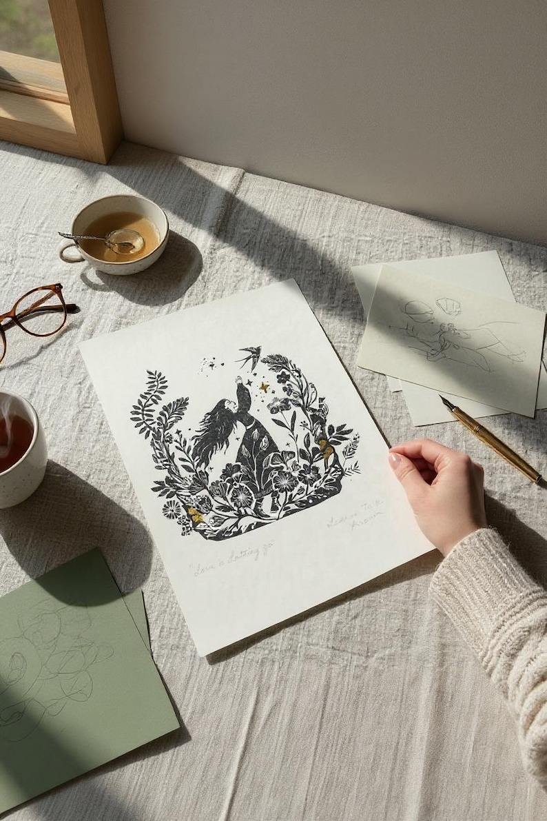 May include: Black and white art print featuring a woman surrounded by flowers and a bird. The print includes the text "Love is letting go". A cup of tea, glasses, and a pen are also visible.