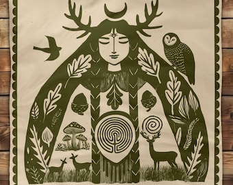 Cotton Twill Altar Cloth, Elen of the Ways Folk Art Tarot Wrap, 22" Square
