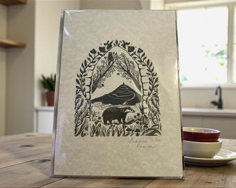 Folk Art ‘Badger in Avalon’, A4 Linocut Style Illustration Print on Parchment Paper